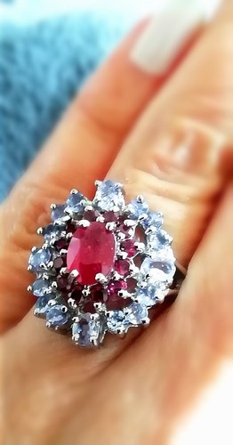 Double Halo Ring. Ruby, Tanzanite & Garnet. Sterling Silver. - Picture 3 of 8
