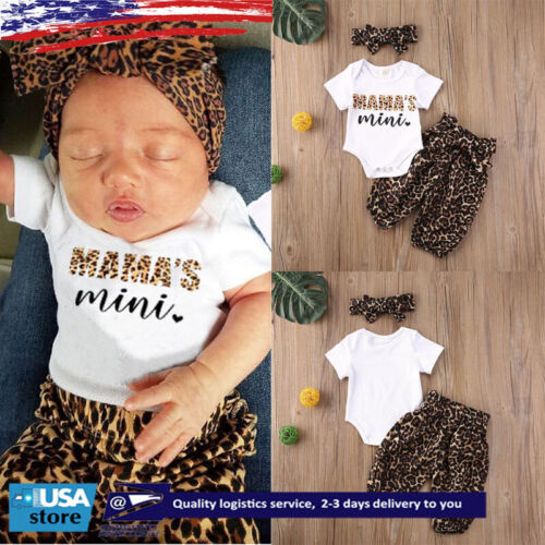 Newborn Baby Boy Girl Leopard Clothes Short Sleeve Tops Romper Pants Outfits