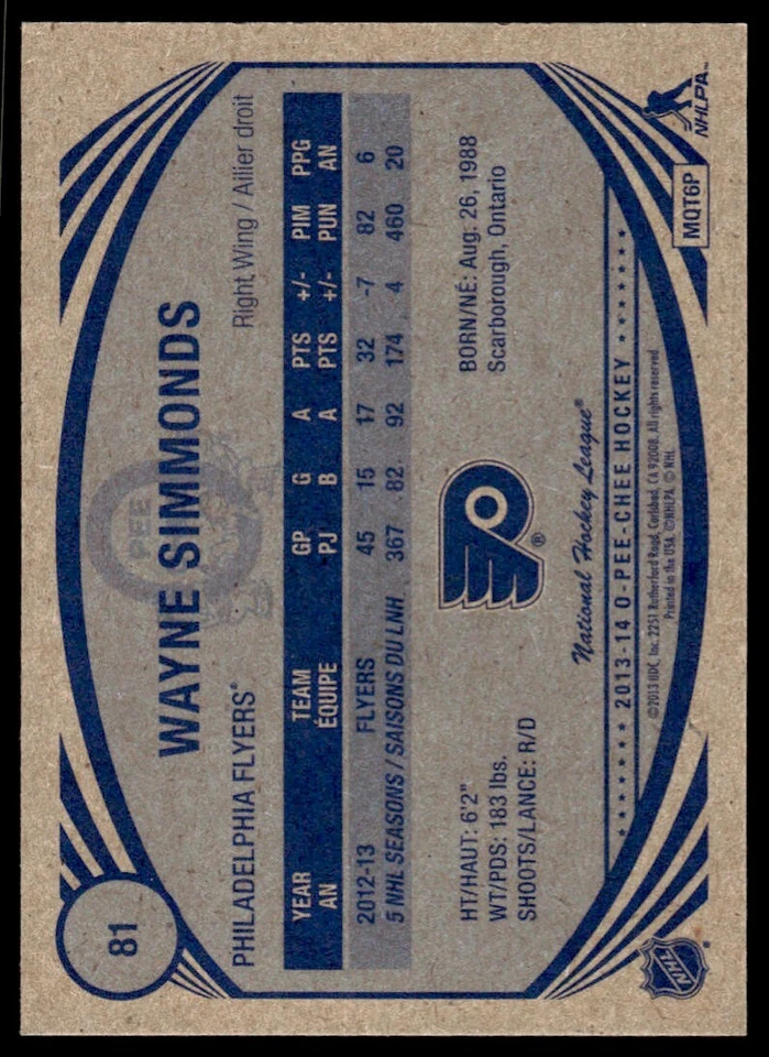 2013-14 O-Pee-Chee Retro Wayne Simmonds Philadelphia Flyers #81 - Image 2 of 2