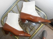 Ralph Lauren Vintage Boots Lace-up Twotone 8.5 Ivory Linen Brown Leather 2&quot; Heel