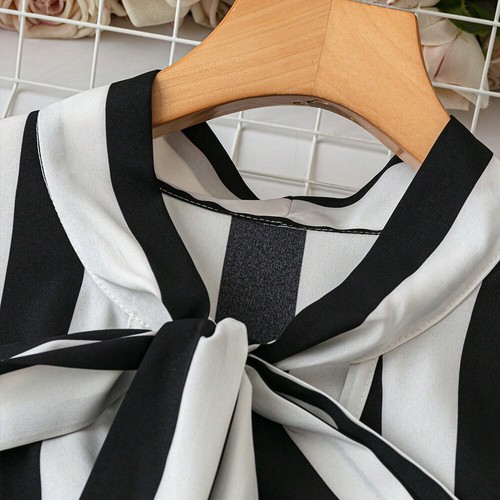 Plus Size Women Bowknot Stripe Tops Ladies Frilled Short Sleeve Shirt Blouse - Picture 6 of 10