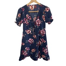 Xhilaration Navy Floral V Neck Faux Wrap Ruffle Hem Knee Length Dress Sz XS