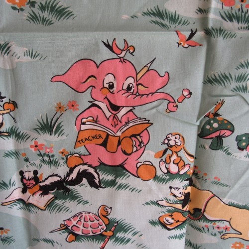 VIntage QuIlting Fabric Panel Teacher Elephant Children's Animal 18 x 21" GREEN - Picture 2 of 3