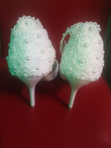 Crystal Queen White Lace And Pearl Heeled Sandals For Weddings. UK 2/34 - Picture 5 of 8