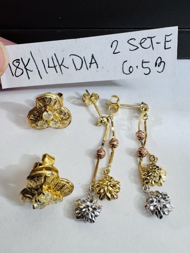 New 18K 750 Fine Yellow Real Gold Dangle & 14K Real Diamond Earring 2 Set 6.53g - Picture 13 of 23