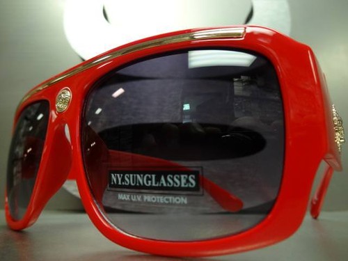 Men's CLASSIC RETRO HIP HOP RAPPER Style SUNGLASSES Large Thick Red & Gold Frame - Picture 3 of 7