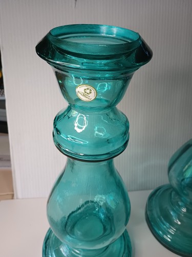 2 LARGE 16"VIDRIOS SAN MIGUEL BLUE GLASS CANDLE HOLDERS/PEDESTAL VASES-SPAIN - Picture 2 of 14