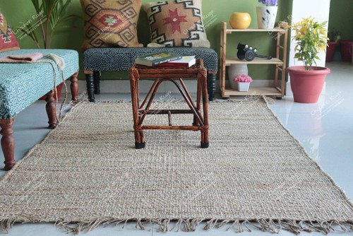 Natural Boho Jute Geometric Pattern Area Rug, Bohemian Rug With Fringes Jute Rug - Picture 2 of 9