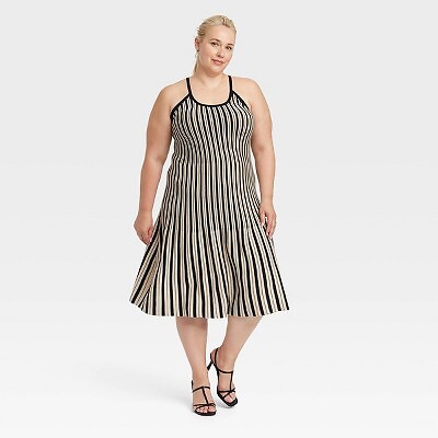 Женское платье-свитер миди на бретелях - Новинка в коричнево-черную полоску XXL