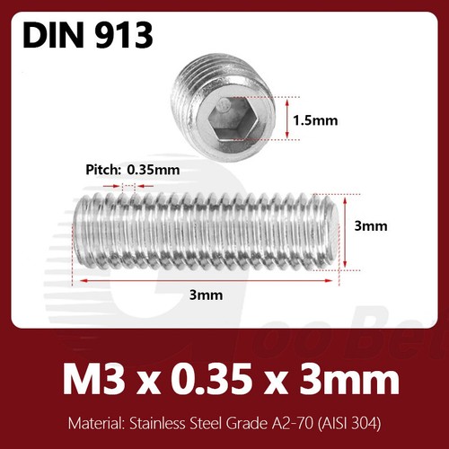 Grub Screws Flat Point Allen Socket Set Screws M3 M4 Fine Thread Stainless Steel - Picture 11 of 26