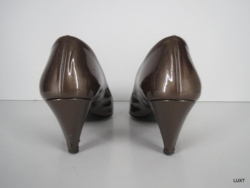 Prada Pumps Heels Size 9.5 39.5 Taupe Brown Patent Leather Silver Buckle Cone - Picture 7 of 12