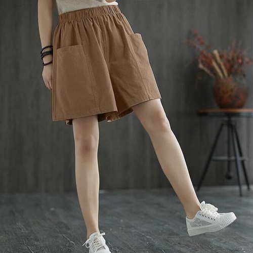 Damen Haremsshorts Baumwolle Tasche Gummibund weites Bein Hose Caprihose Overall - Bild 13 von 45
