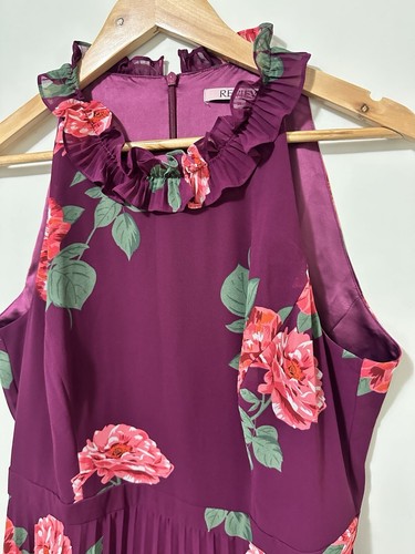 Review Womens Dress 14 Mulberry Rose Print High Ruffle Neck Pleated Full Skirt - Picture 3 of 8