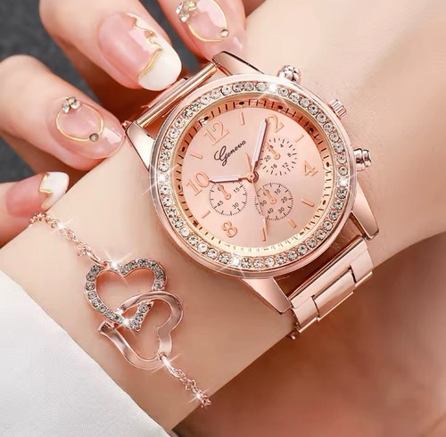 6PCS/Set Women's Watch Fashion Rhinestone Stainless Steel Band Quartz Watch Doub - Picture 2 of 4