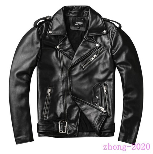Men's Real Leather Zip Lapel Collar Coats Casual Short Outwear Motorcycle Jacket - Afbeelding 1 van 8
