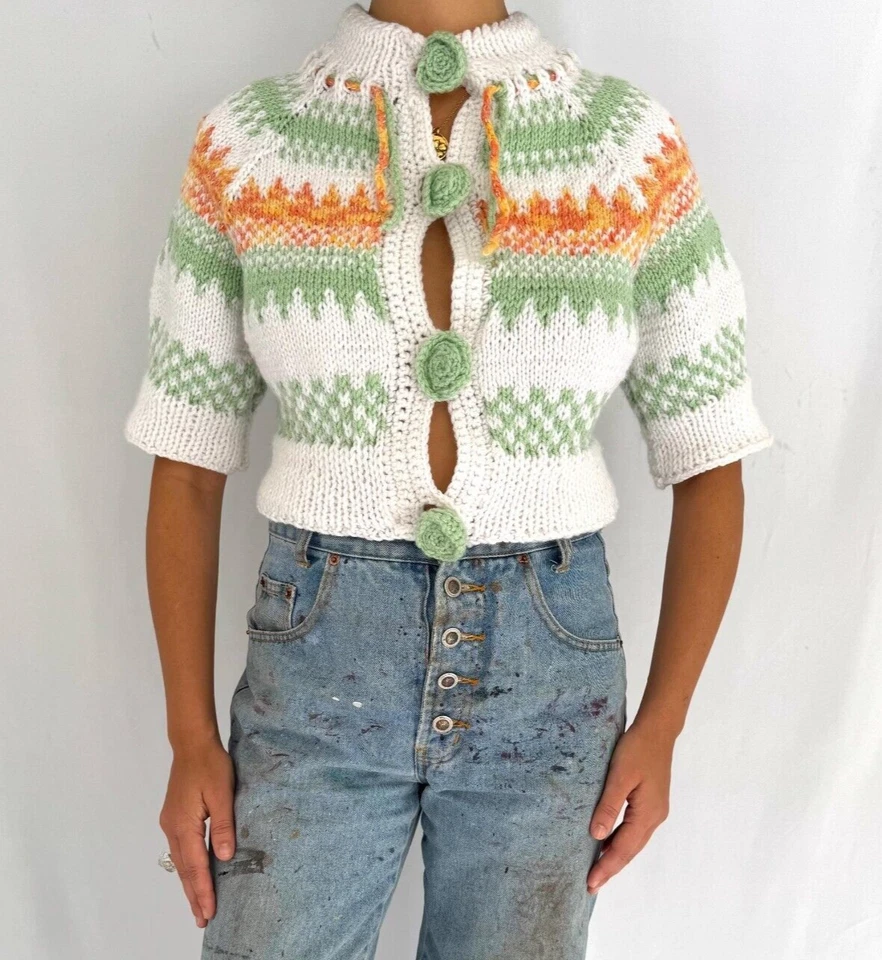 винтажный многоцветный полосатый толстый ручной вязки бабушка на пуговицах укороченный кардиган