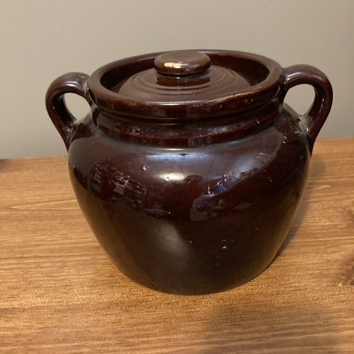 Vintage braun Glasur Steinzeug Topf Bohnentopf mit Griffen und Deckel Keramik