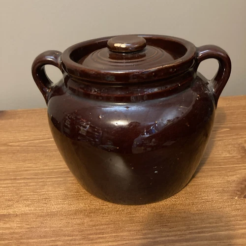 Vintage Brown Glaze Stoneware Crock Bean Pot With Handles and Lid Pottery 