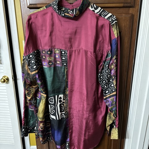Camisa de seda vintage Hey Man granate y abstracta art deco bloque de color MEDIANA - Imagen 3 de 3