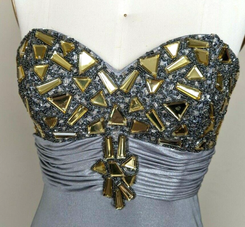 Silver Long Dress Size 4 Strapless Beaded Stretch Jersey Evening Gown Sz 4 - Picture 2 of 5