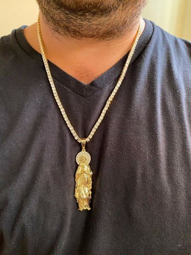 Solid 925 Sterling Silver 14k Gold Plated Virgin Mary Pendant Iced CZ Necklace - Picture 14 of 16