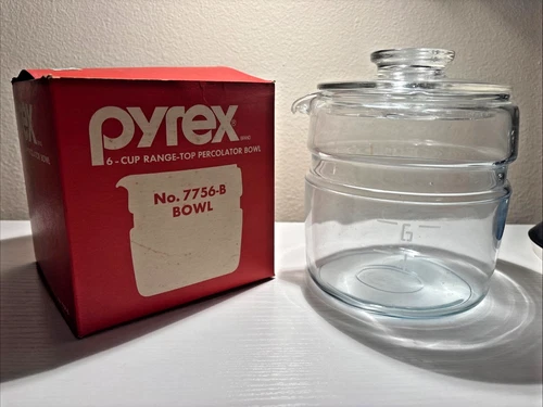 Pyrex 7756-B 6 Cup Range-Top Percolator Bowl with Lid Boxed Vintage