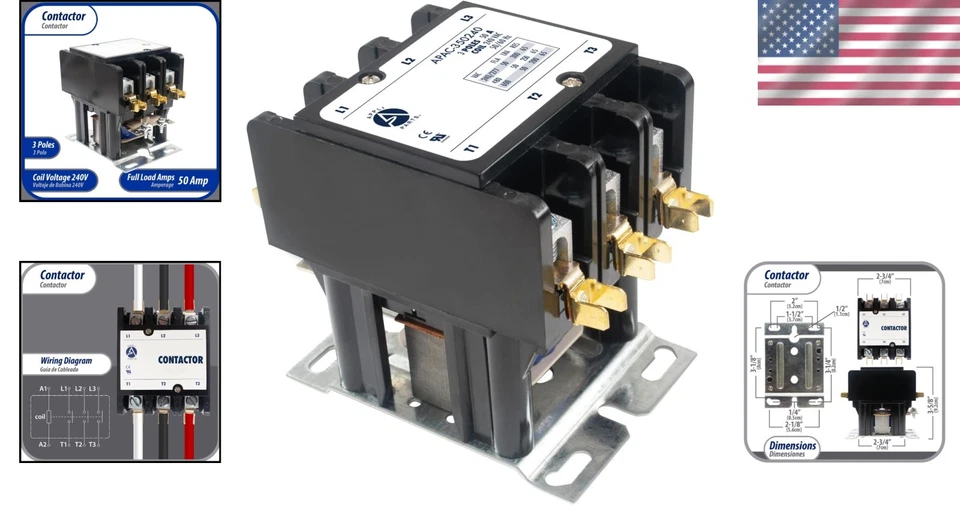 UL Certified Heavy-Duty 3 Pole Contactor for 50 Amp 240 Volt HVAC Applications - Image 2 of 4