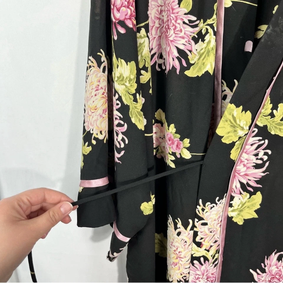 Oscar De La Renta Rosa Etiqueta Vintage Y2K Negro Floral Sedoso Corbata Kimono Bata M Foto 3 de 4