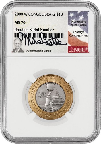 2000 W $10 Library Of Congress Bimetallic Gold Platinum NGC MS70 Mike Castle Lab