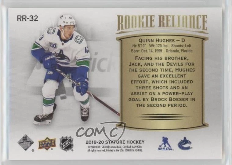 2019-20 Upper Deck Stature Rookie Reliance Green /99 Quinn Hughes #RR-32 RC - Image 2 of 2