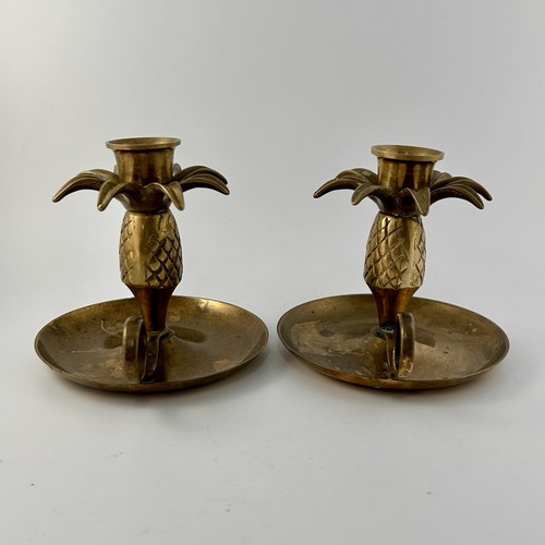 Brass Candleholders Pineapple Set Of 2 Vintage Taper Chambersticks READ - Picture 6 of 19