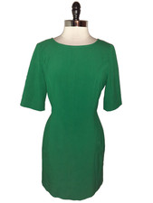 TAHARI Size 10 Sheath Dress Green Gold Zipper Stretch Woven Pockets Short Sleeve
