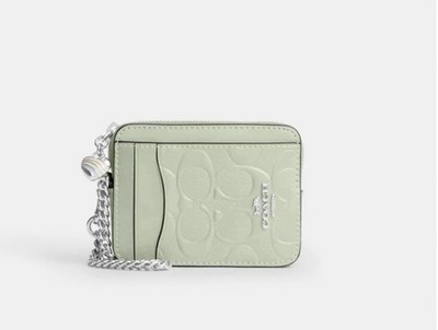 Coach Sage Green Leather ID Holder Chain Strap Logo Key Chain Wallet