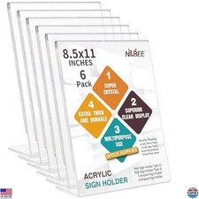 6 Pack 8.5x11 Clear Acrylic Sign Holders with Vertical Slanted Back for Displays