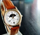 VINTAGE TIMEX DATE ELEGANT MOON PHASE QUARTZ WOMEN'S GOLDEN LEATHER DRESS WATCH