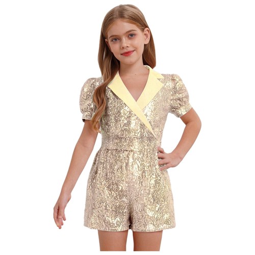 Girls Solid Color Lapel Short Sleeve Sparkly Sequined Jumpsuit Party Wedding - Picture 20 of 65