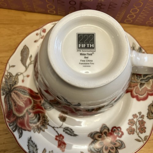 222 Fifth Winter Floral Red Fine Porcelain China Coffee Tea Cup & Saucer Set - Picture 9 of 9