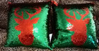 Magic Reindeer Green Red Sequins Decorative Colorful Throw Pillow  14" x 14" Set