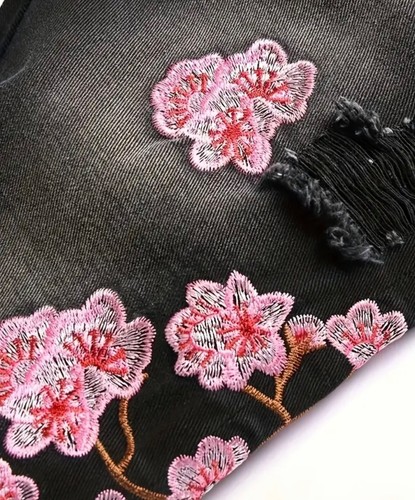 Pantalones de mezclilla rasgados florales informales para hombre rosa flor bordado floral ropa de calle sueltos - Imagen 6 de 8
