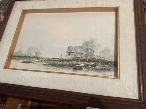 Vintage Watercolor Of Asian House On Stilts, Signed, Framed - Picture 10 of 11
