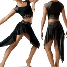 WEISSMAN Elite Dance Costume black 2 piece Floral Hem Top Skirt Set MT10956 XSA