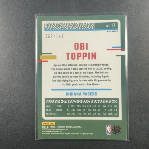 2023-24 Panini Donruss Optic Lime Green Prizm /149 Obi Toppin #17 - Picture 2 of 3
