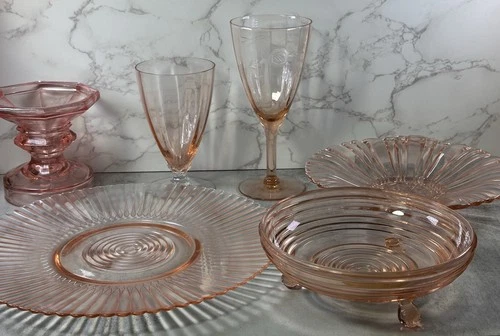 Vintage Lot Of 6 Pink Depression Glass Bowls ,Candy Dish Wine Glass Sherbert