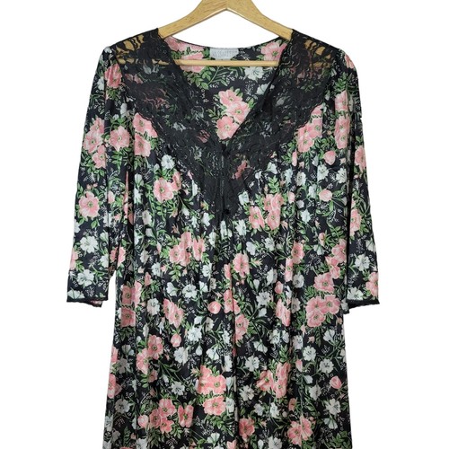 Accappatoio Vassarette nero rosa medio pizzo bottoni raso floreale lungo Peignoir USA - Foto 2 di 6