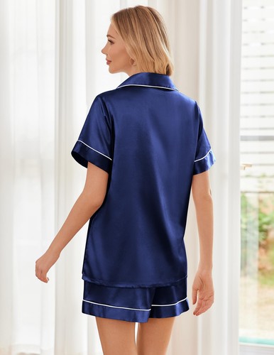 Womens Satin Pajamas Sets Silk Soft Sleepwear Short Sleeve Button Up Pjs Top ... - Picture 2 of 5