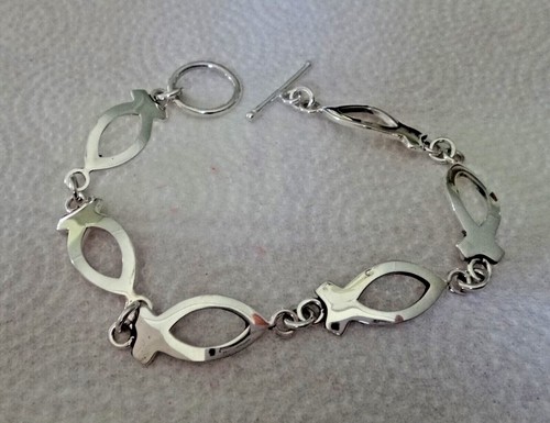 Pulsera de plata esterlina de 8,25" 15-16 gramos con seis eslabón de pez cristiano de 30x11 mm - Imagen 2 de 3