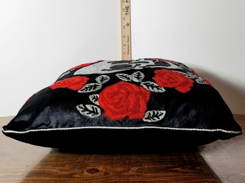 Day of the Dead Embroidered Skull & Roses Black, Red & Silver Pillow 18" Square - Picture 7 of 10