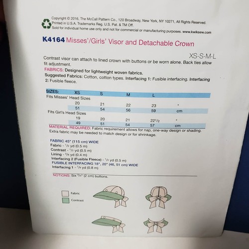 KWIK SEW #K4164 Misses/Girls Visor & Detachable Crown Pattern XS-S-M-L UNCUT - Picture 2 of 3