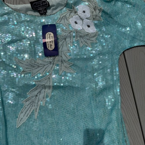 Vintage 80s ULTIMATE SEQUIN Dress Blue Silk Jean Joseph Le Bon Large Floral NWT - Picture 6 of 7