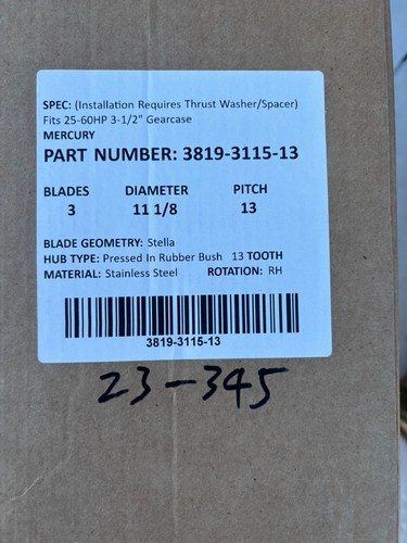 11 1/8 x 13 Stainless Steel Outboard Propeller for Mercury 25-70HP 13Tooth , RH - Picture 4 of 4
